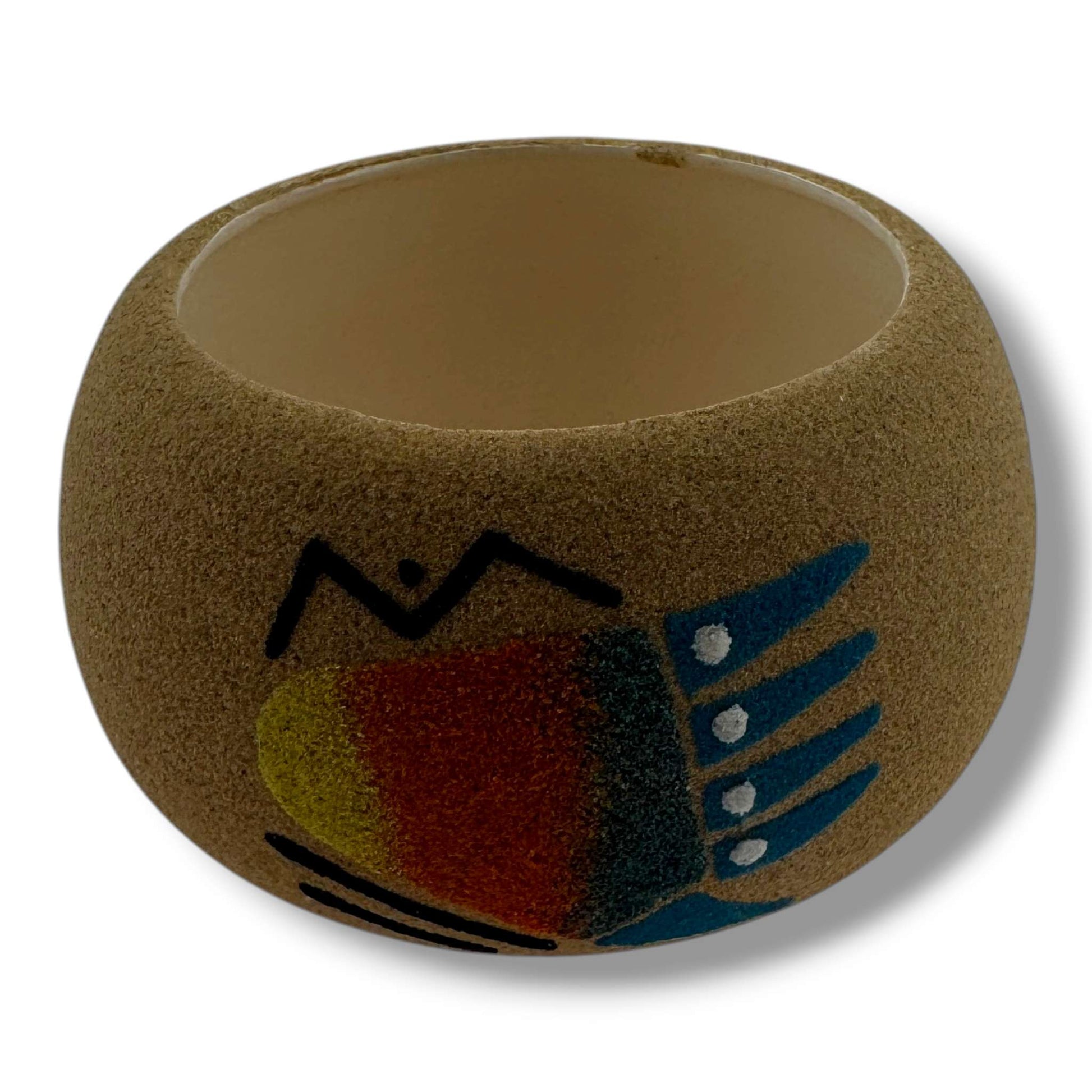 Small Handcrafted Sand Painted Seed Pot with Symmetrical Bear Paw Motifs - SunWest Treasures