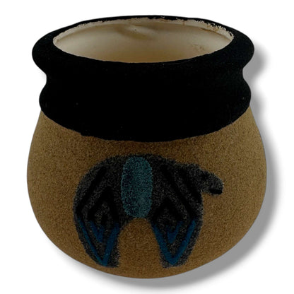 Handcrafted Small Sand Painted Seed Pot with Bear & Geometric Shield Motifs - SunWest Treasures
