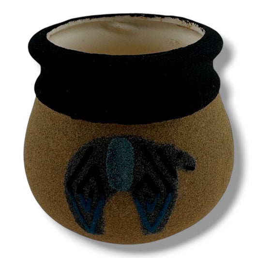 Handcrafted Small Sand Painted Seed Pot with Bear & Geometric Shield Motifs - SunWest Treasures
