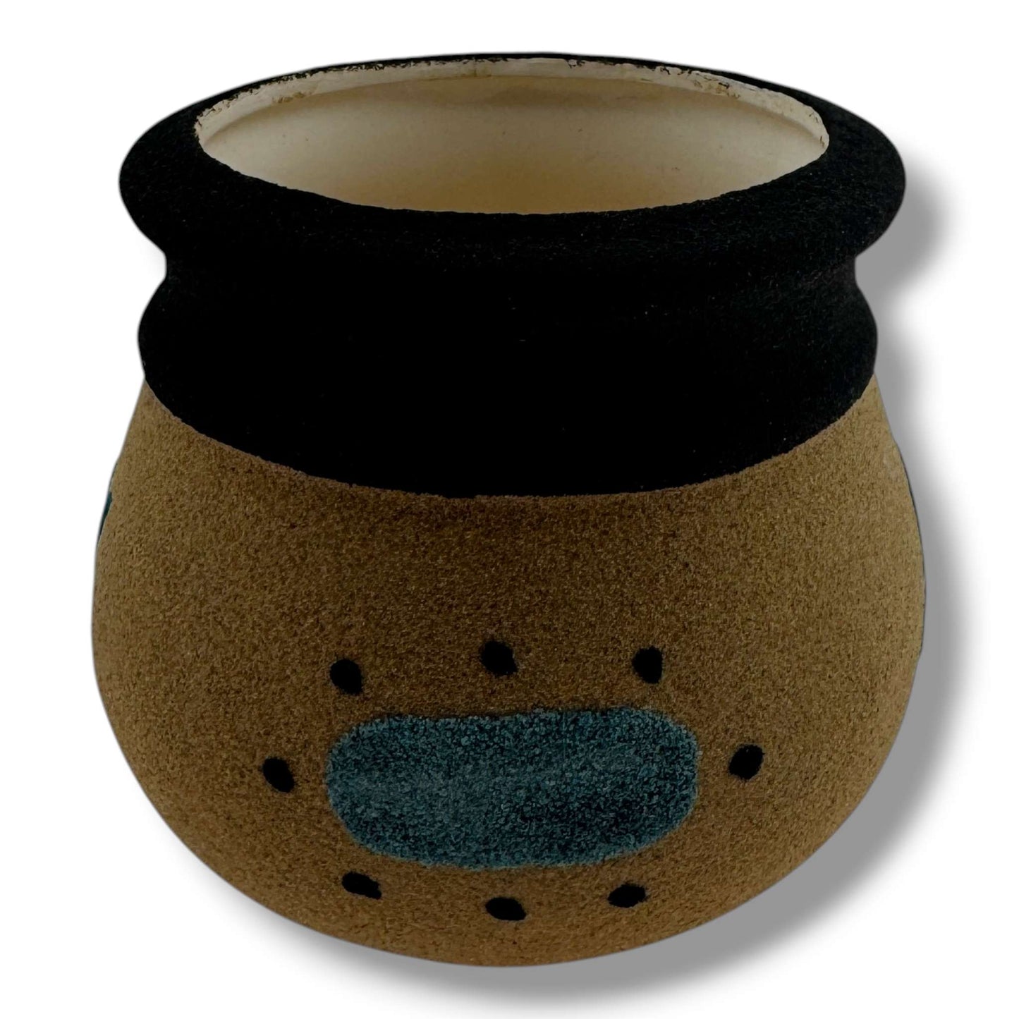 Handcrafted Small Sand Painted Seed Pot with Bear & Geometric Shield Motifs - SunWest Treasures
