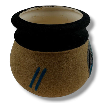 Handcrafted Small Sand Painted Seed Pot with Bear & Geometric Shield Motifs - SunWest Treasures