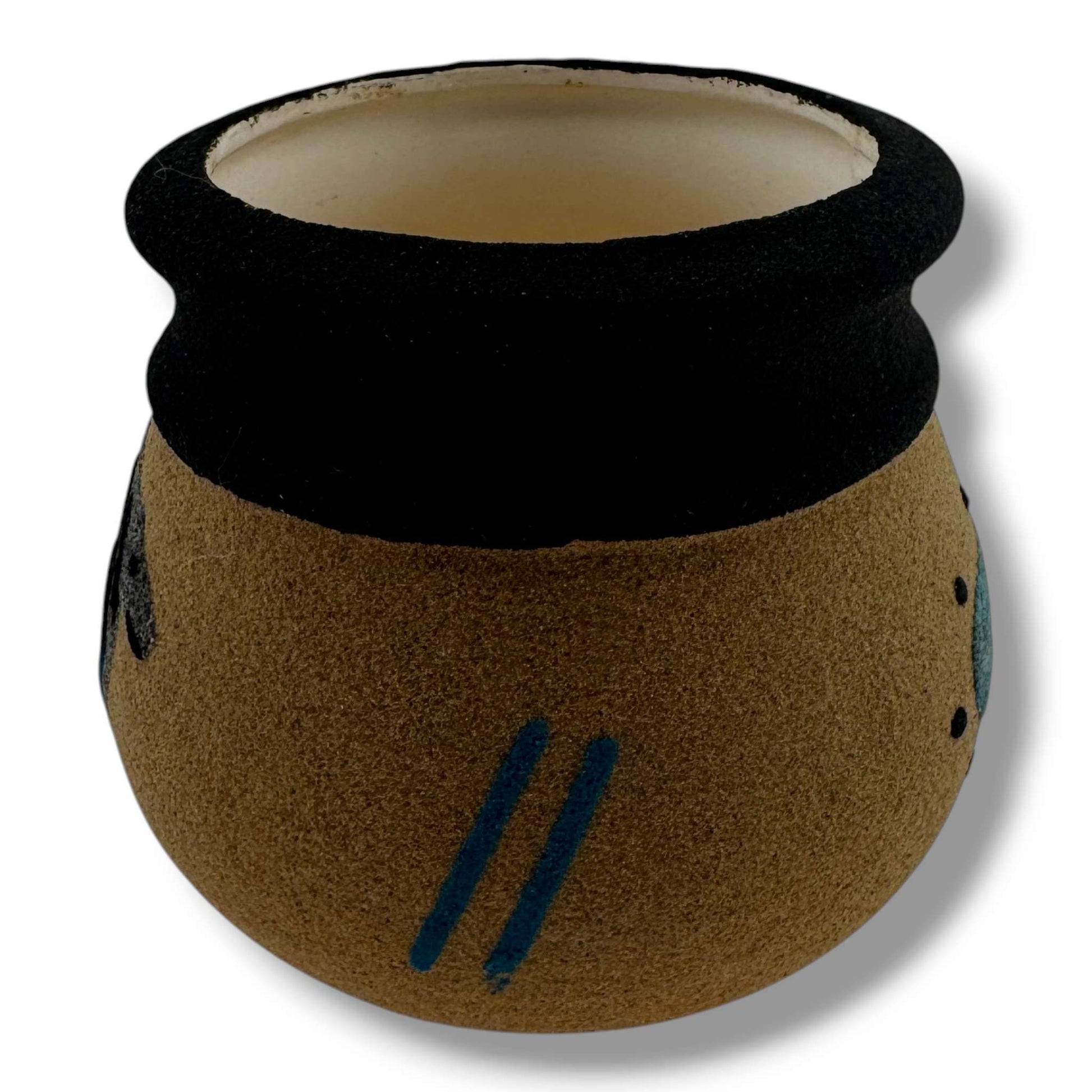 Handcrafted Small Sand Painted Seed Pot with Bear & Geometric Shield Motifs - SunWest Treasures