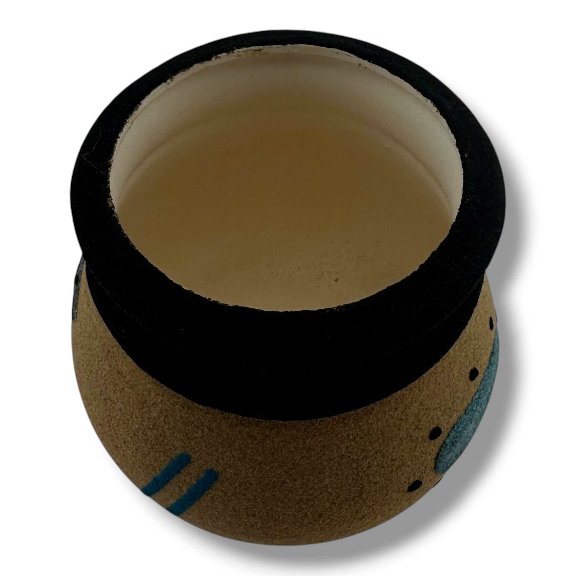 Handcrafted Small Sand Painted Seed Pot with Bear & Geometric Shield Motifs - SunWest Treasures
