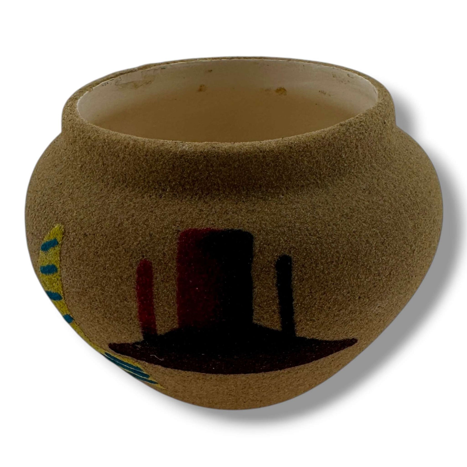 Small Handcrafted Sand Painted Seed Pot with Canyon & Geometric Mesa Motifs - SunWest Treasures