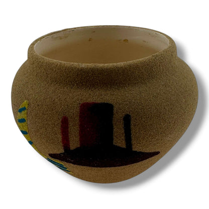 Small Handcrafted Sand Painted Seed Pot with Canyon & Geometric Mesa Motifs - SunWest Treasures