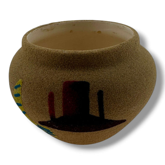 Small Handcrafted Sand Painted Seed Pot with Canyon & Geometric Mesa Motifs - SunWest Treasures