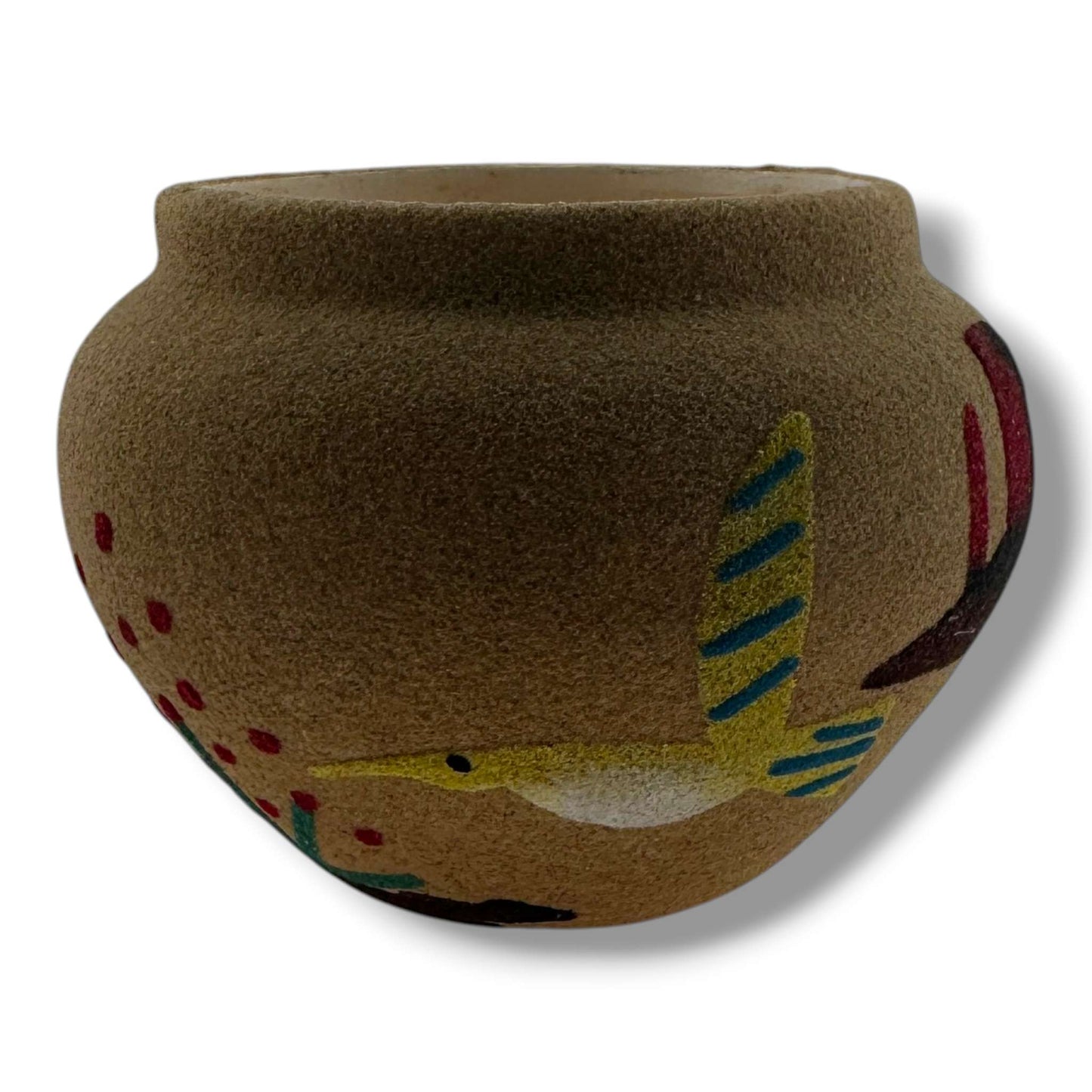 Small Handcrafted Sand Painted Seed Pot with Canyon & Geometric Mesa Motifs - SunWest Treasures