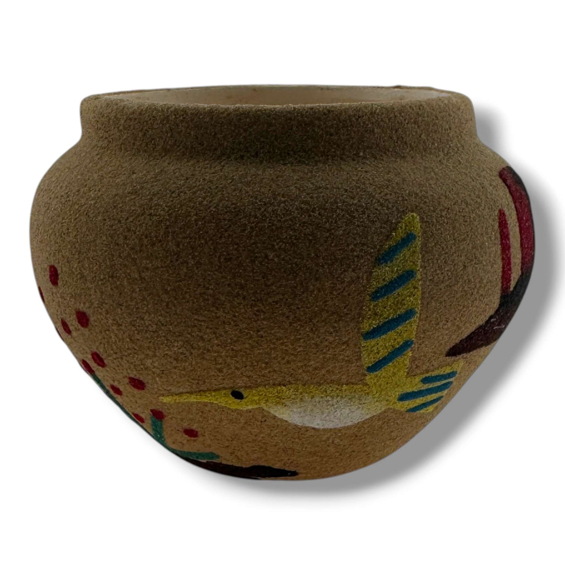 Small Handcrafted Sand Painted Seed Pot with Canyon & Geometric Mesa Motifs - SunWest Treasures