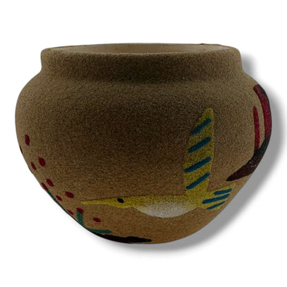 Small Handcrafted Sand Painted Seed Pot with Canyon & Geometric Mesa Motifs - SunWest Treasures