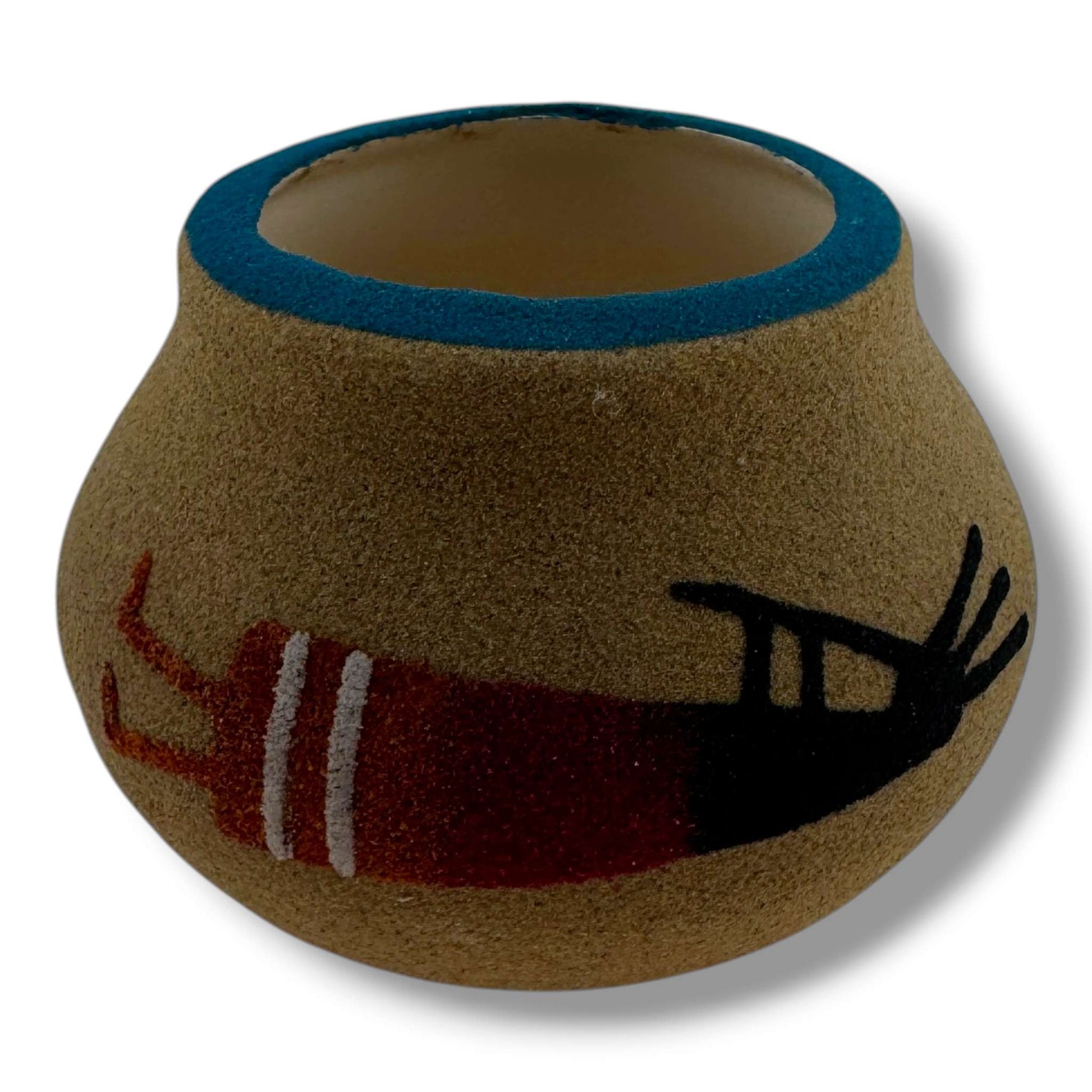 Handcrafted Small Sand Painted Seed Pot with Kokopelli & Geometric Mesa Motifs - SunWest Treasures