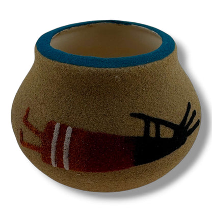 Handcrafted Small Sand Painted Seed Pot with Kokopelli & Geometric Mesa Motifs - SunWest Treasures