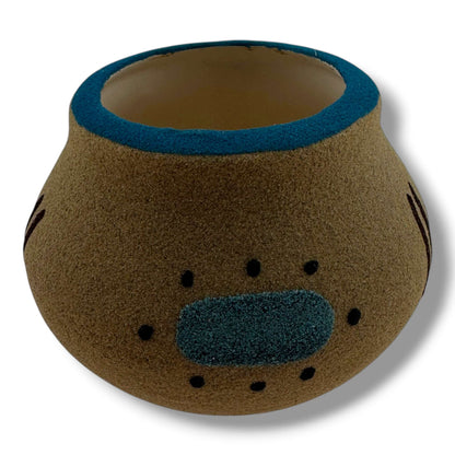 Handcrafted Small Sand Painted Seed Pot with Kokopelli & Geometric Mesa Motifs - SunWest Treasures