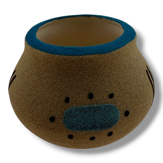 Handcrafted Small Sand Painted Seed Pot with Kokopelli & Geometric Mesa Motifs - SunWest Treasures
