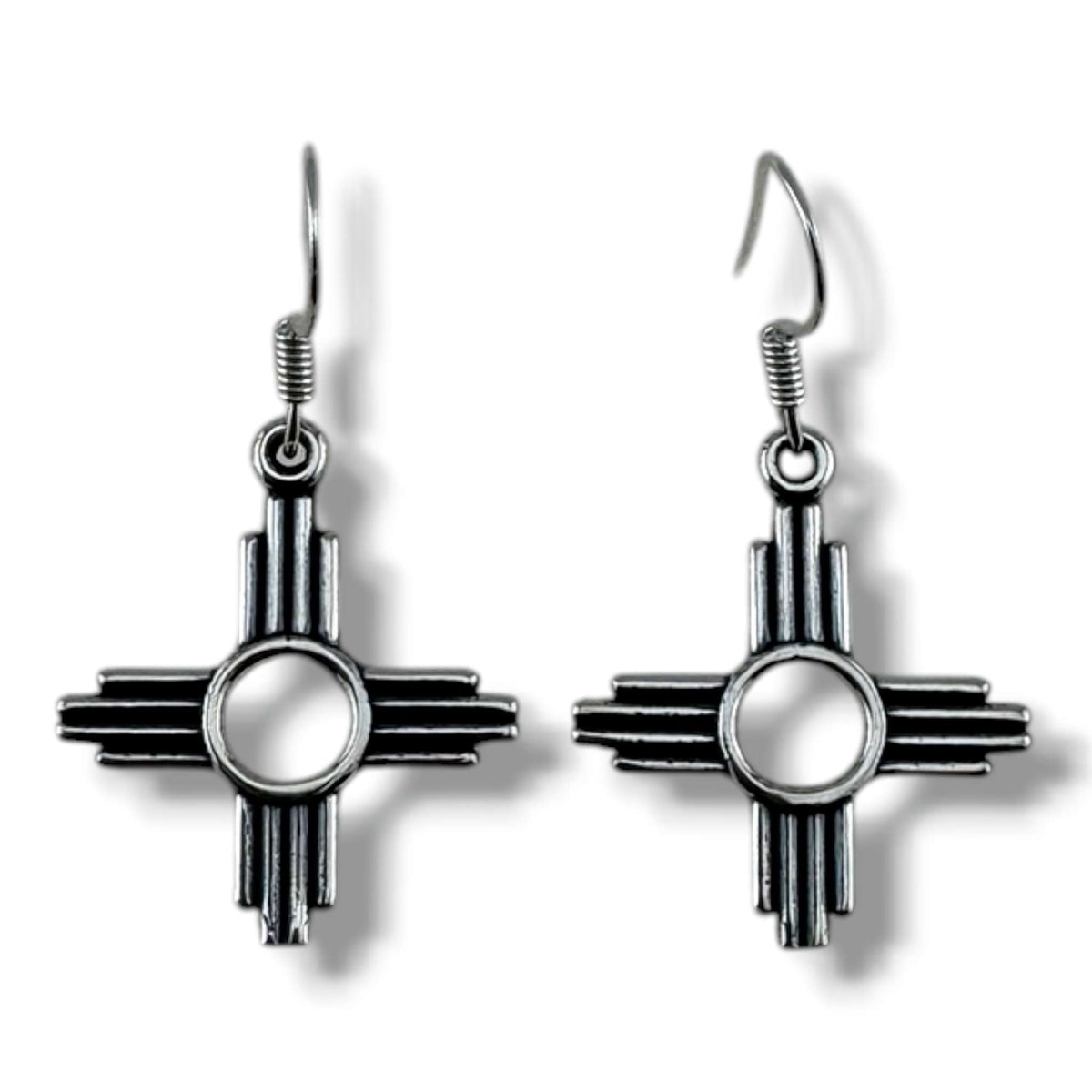 Sterling Silver Smaller Zia Sun Symbol Hook Dangle Earrings - SunWest Treasures