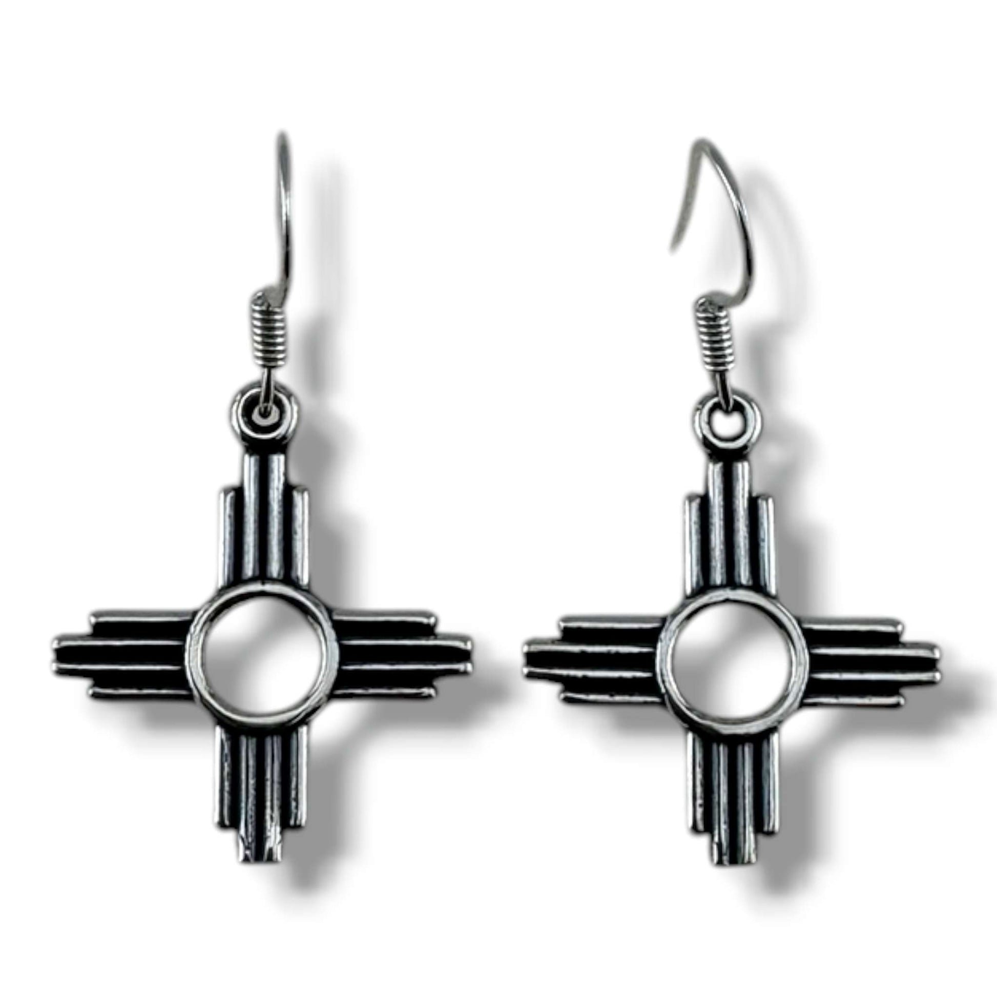 Sterling Silver Smaller Zia Sun Symbol Hook Dangle Earrings - SunWest Treasures
