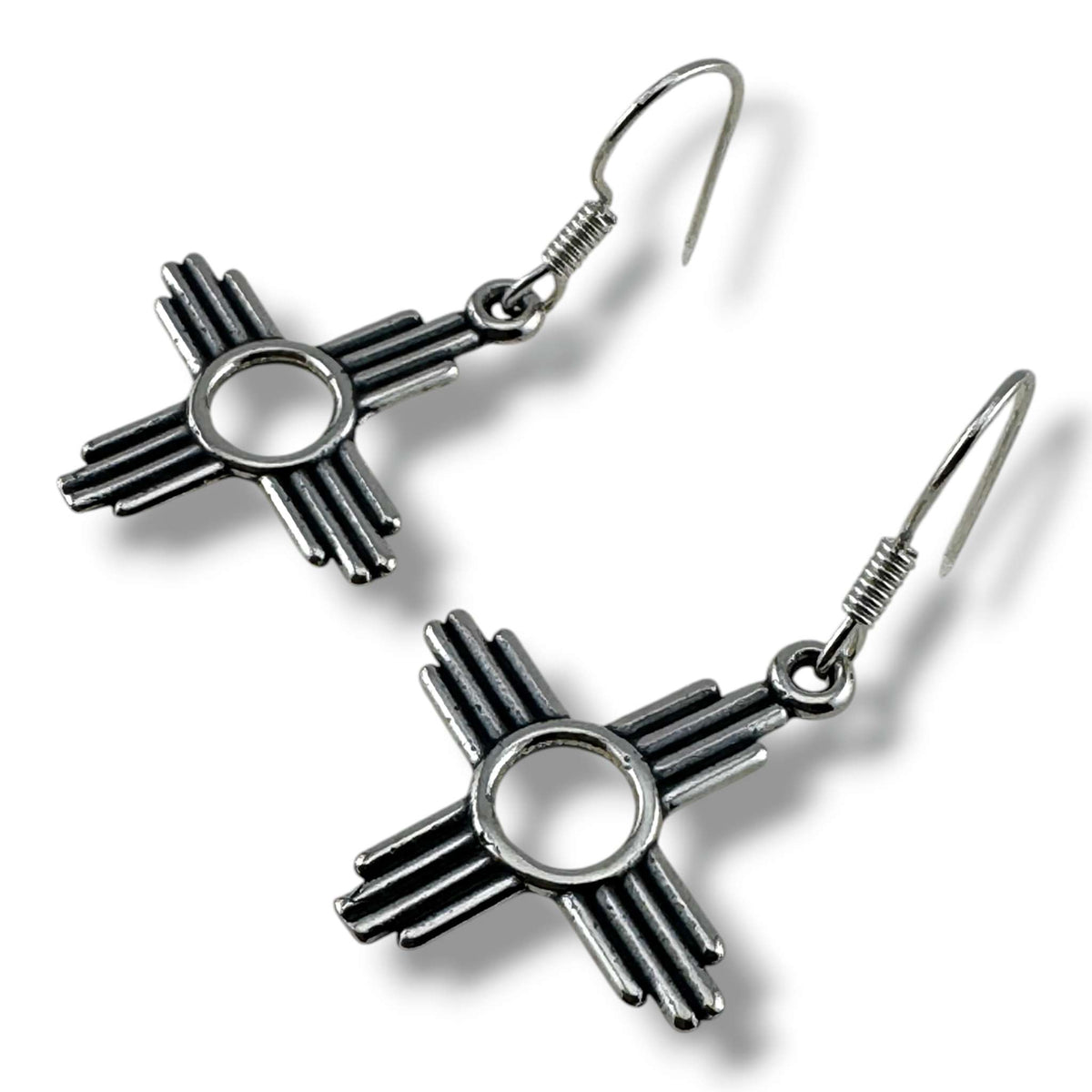 Sterling Silver Smaller Zia Sun Symbol Hook Dangle Earrings - SunWest Treasures