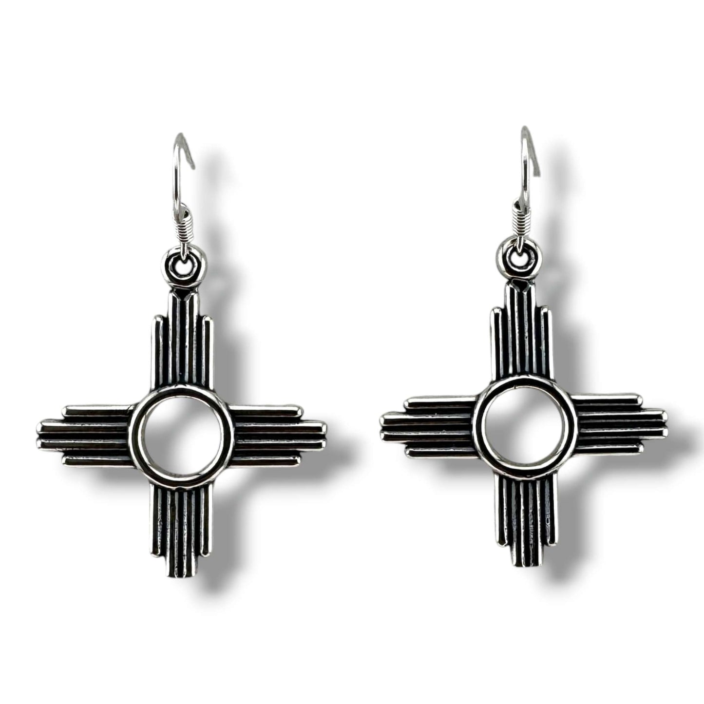 Larger Sterling Silver Zia Sun Symbol Dangle Earrings - SunWest Treasures