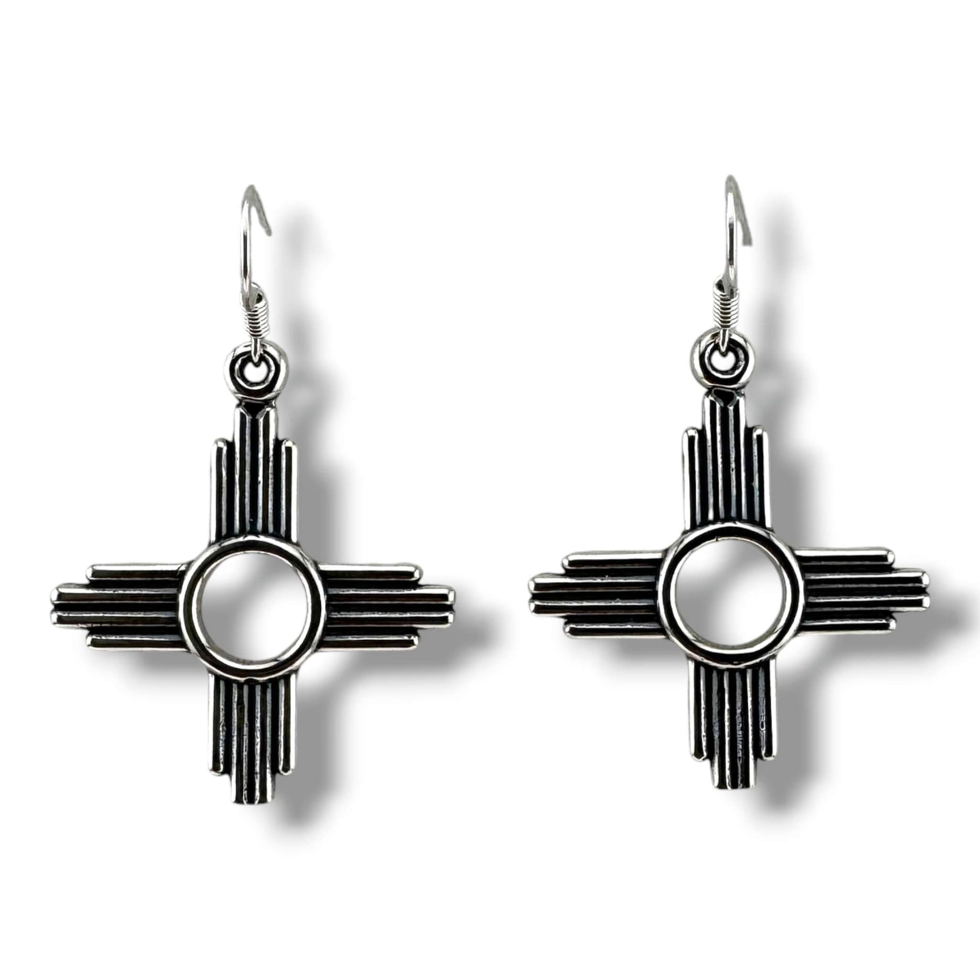 Larger Sterling Silver Zia Sun Symbol Dangle Earrings - SunWest Treasures