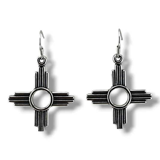 Larger Sterling Silver Zia Sun Symbol Dangle Earrings - SunWest Treasures