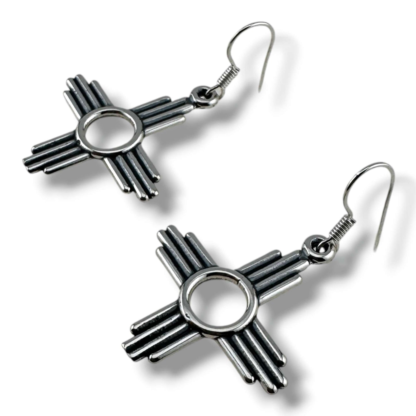 Larger Sterling Silver Zia Sun Symbol Dangle Earrings - SunWest Treasures
