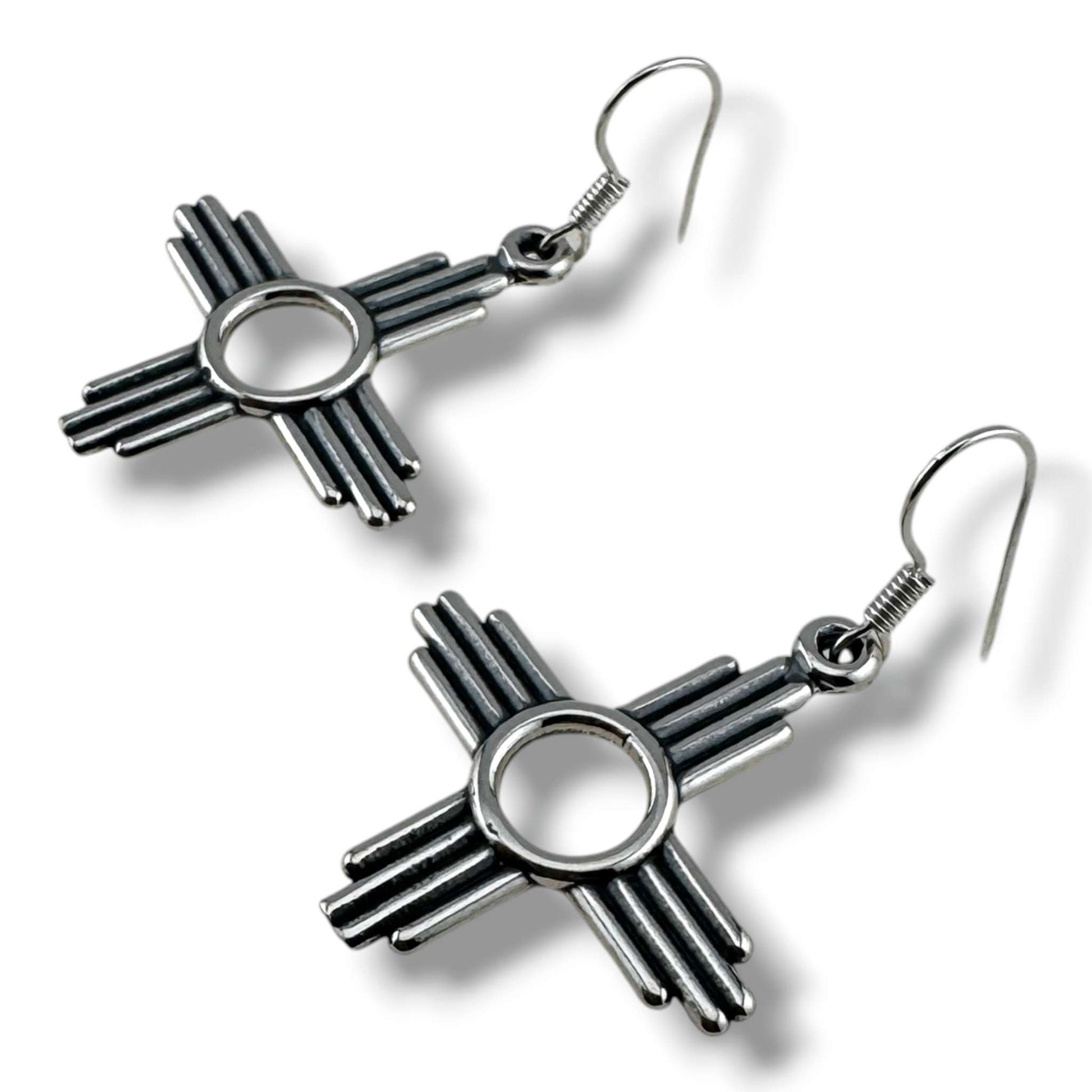 Larger Sterling Silver Zia Sun Symbol Dangle Earrings - SunWest Treasures