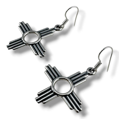 Larger Sterling Silver Zia Sun Symbol Dangle Earrings - SunWest Treasures