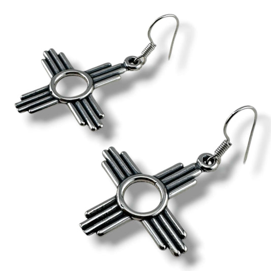 Larger Sterling Silver Zia Sun Symbol Dangle Earrings - SunWest Treasures