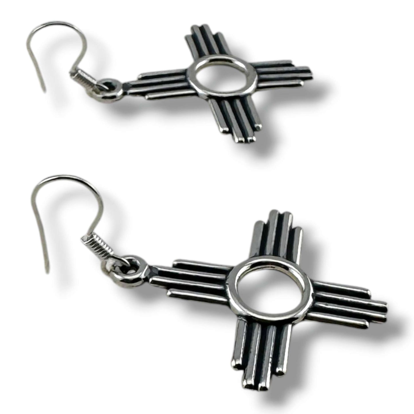 Larger Sterling Silver Zia Sun Symbol Dangle Earrings - SunWest Treasures