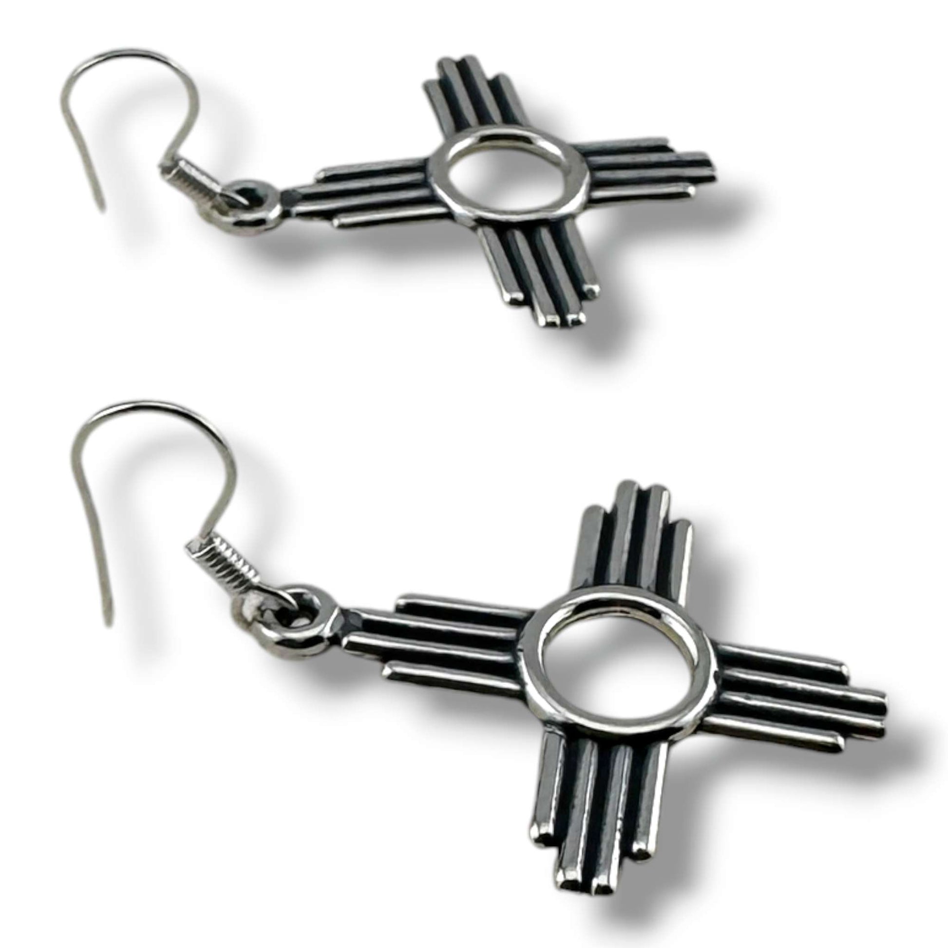 Larger Sterling Silver Zia Sun Symbol Dangle Earrings - SunWest Treasures