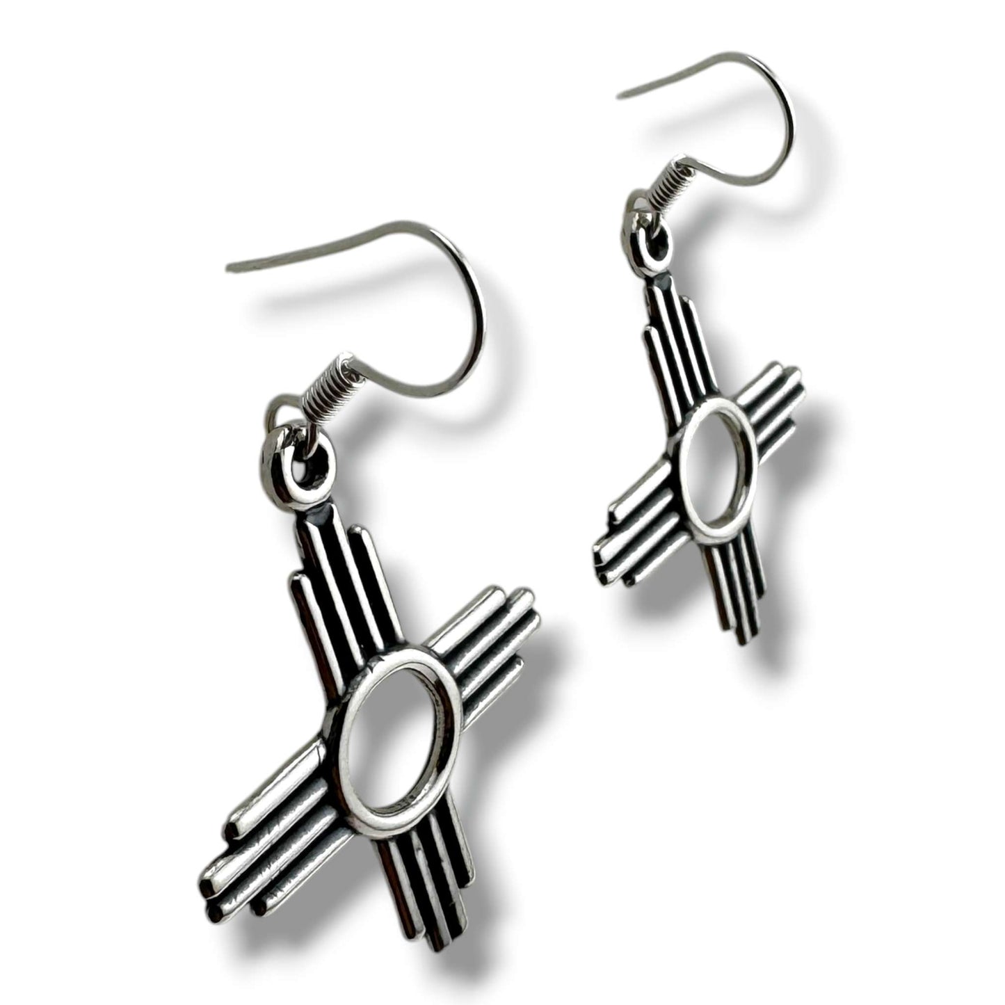 Larger Sterling Silver Zia Sun Symbol Dangle Earrings - SunWest Treasures