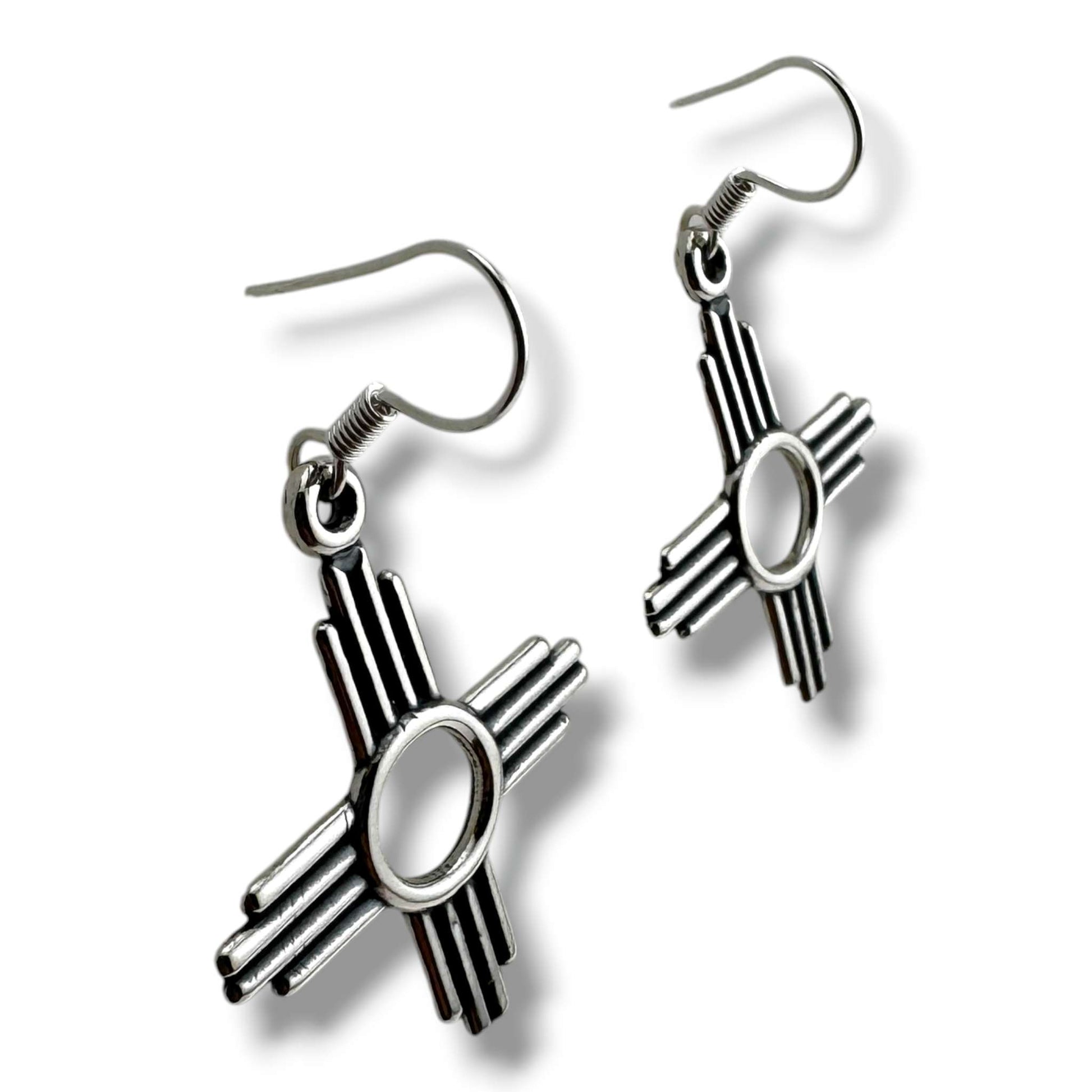 Larger Sterling Silver Zia Sun Symbol Dangle Earrings - SunWest Treasures