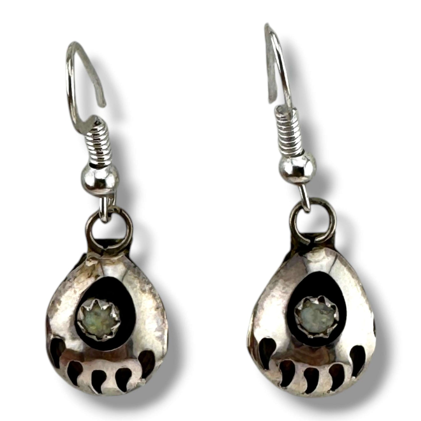 Navajo Sterling Silver Bear Paw Dangle Earrings with White Opal - SunWest Treasures