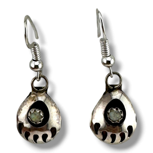 Navajo Sterling Silver Bear Paw Dangle Earrings with White Opal - SunWest Treasures