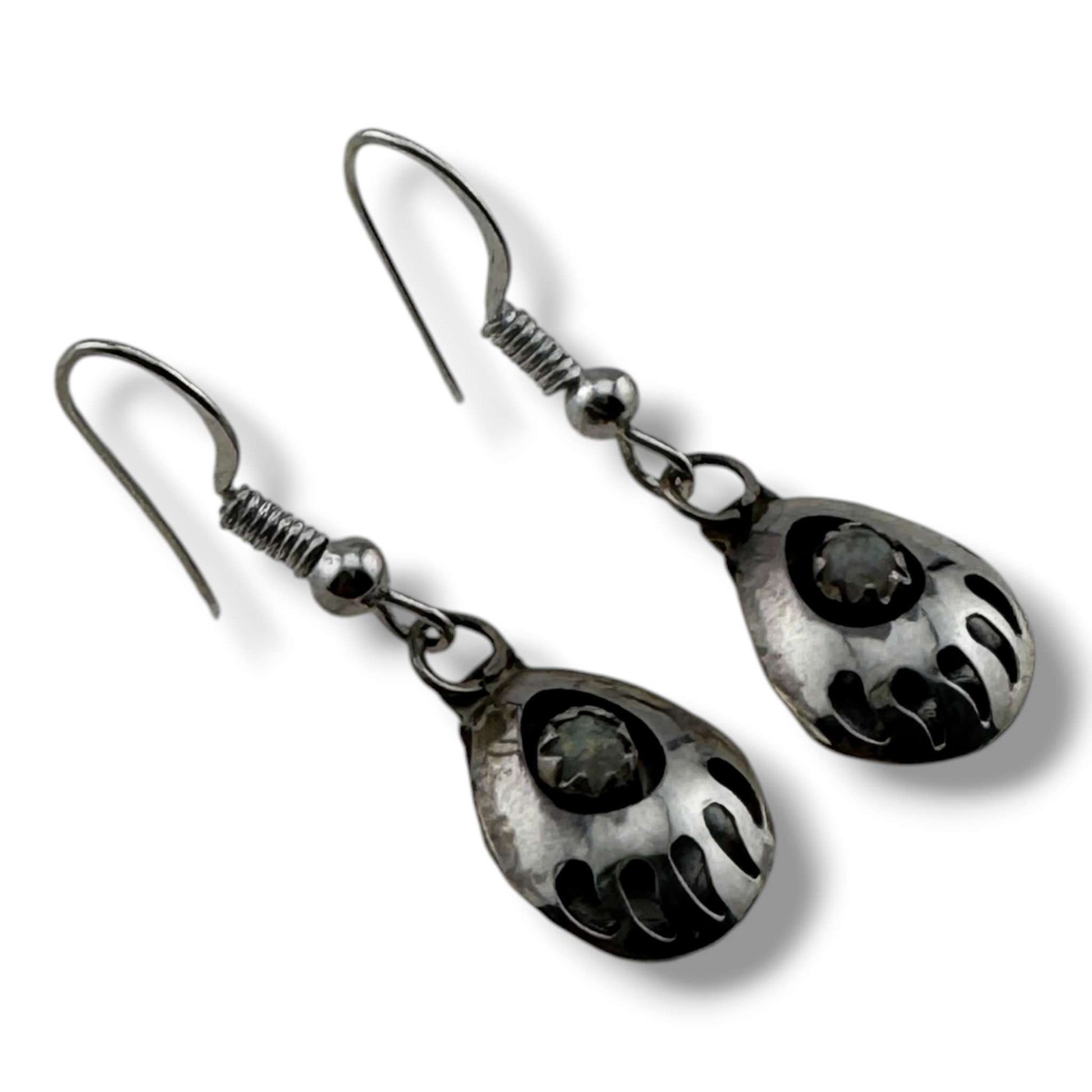 Navajo Sterling Silver Bear Paw Dangle Earrings with White Opal - SunWest Treasures
