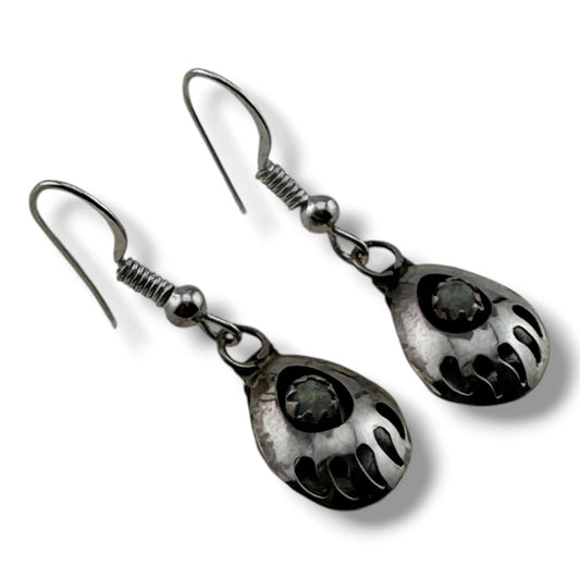 Navajo Sterling Silver Bear Paw Dangle Earrings with White Opal - SunWest Treasures