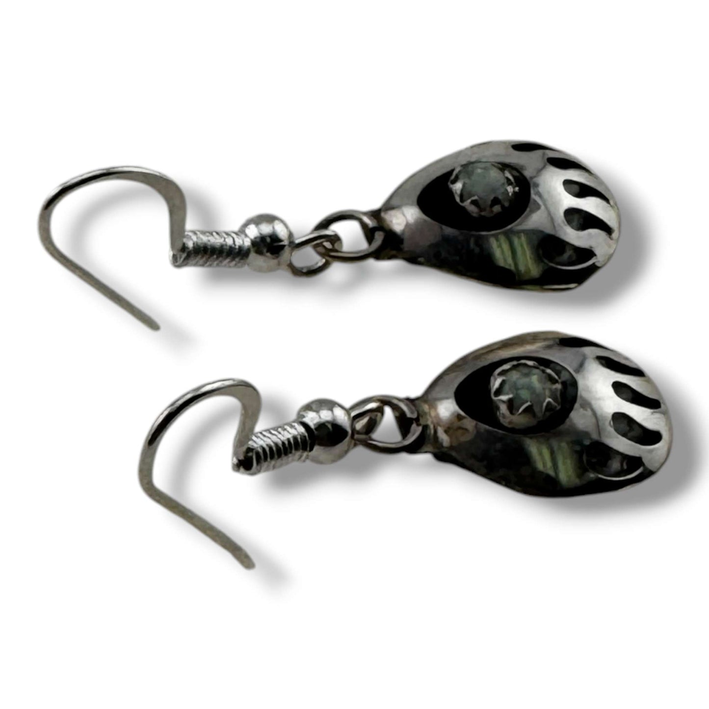 Navajo Sterling Silver Bear Paw Dangle Earrings with White Opal - SunWest Treasures
