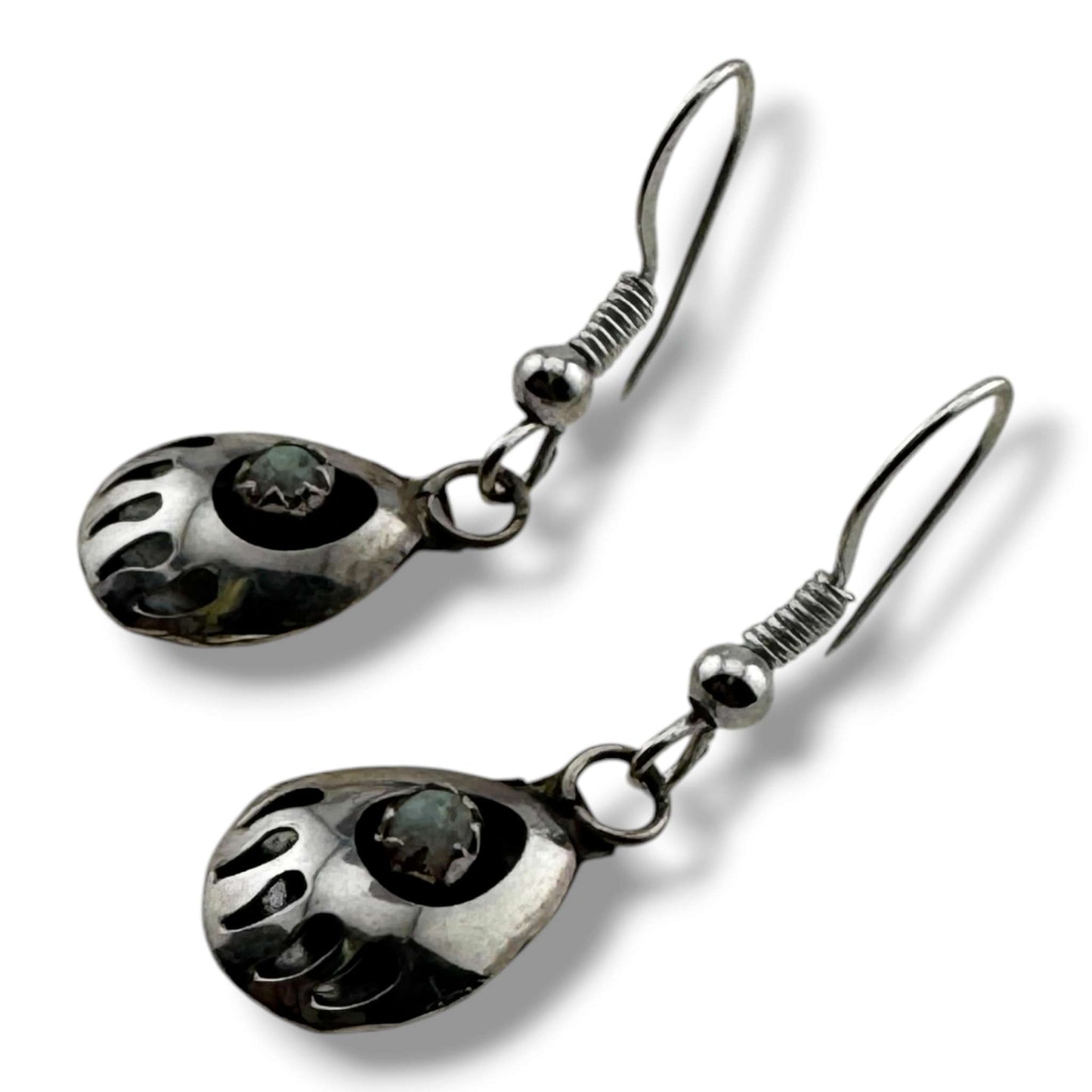 Navajo Sterling Silver Bear Paw Dangle Earrings with White Opal - SunWest Treasures