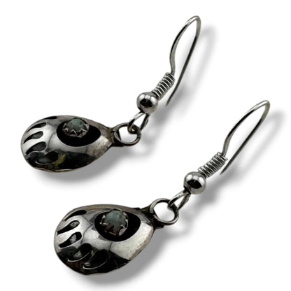 Navajo Sterling Silver Bear Paw Dangle Earrings with White Opal - SunWest Treasures