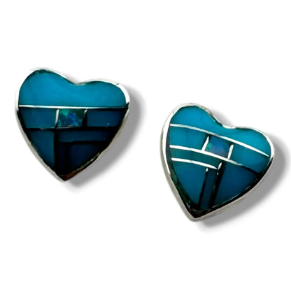 Handcrafted Sterling Small Silver Inlay Multi - Stone Heart Post Stud Earrings - SunWest Treasures