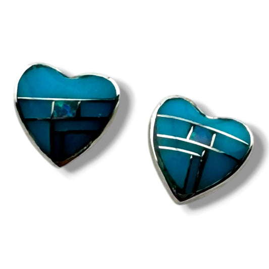 Handcrafted Sterling Small Silver Inlay Multi - Stone Heart Post Stud Earrings - SunWest Treasures