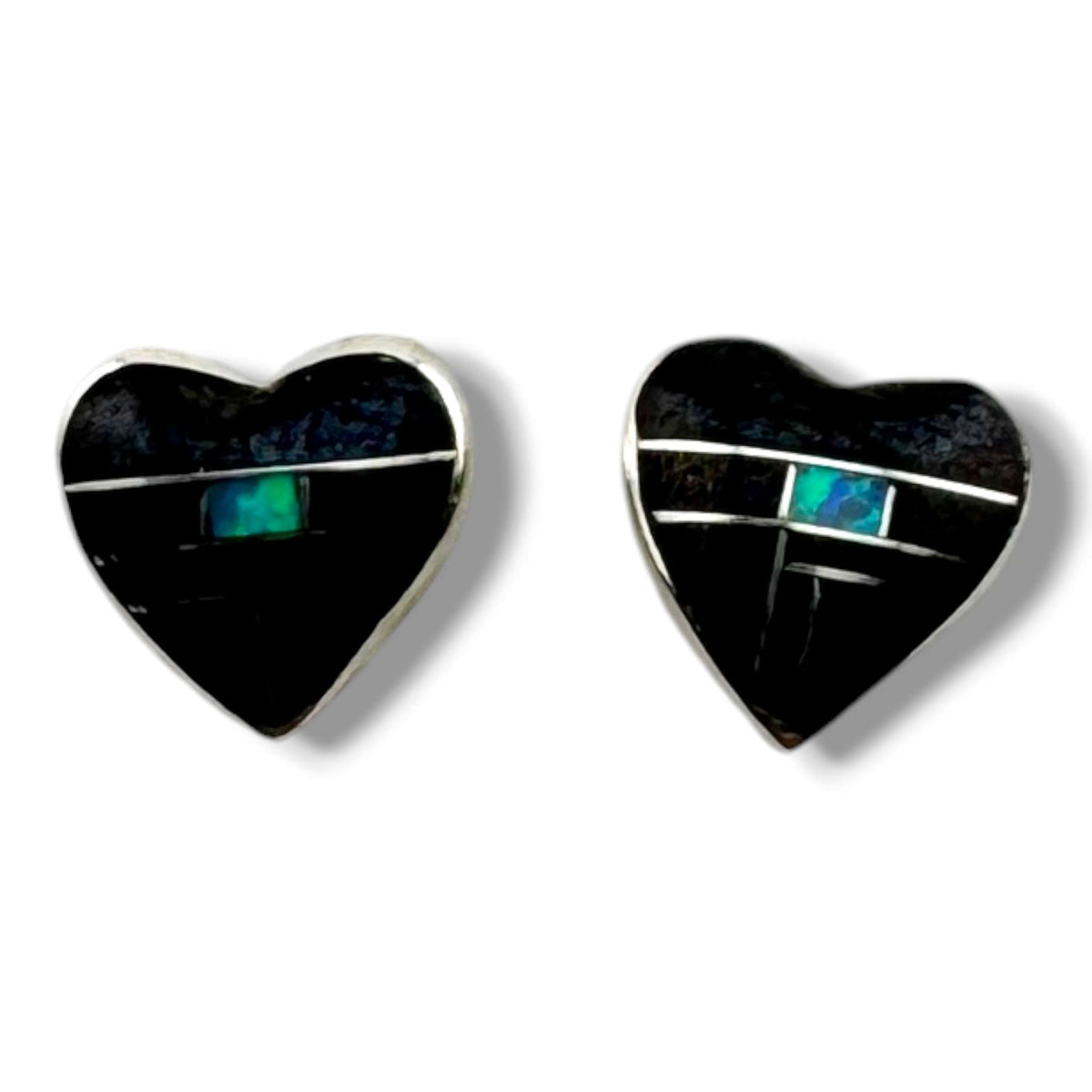 Handcrafted Sterling Small Silver Inlay Multi - Stone Heart Post Stud Earrings - SunWest Treasures