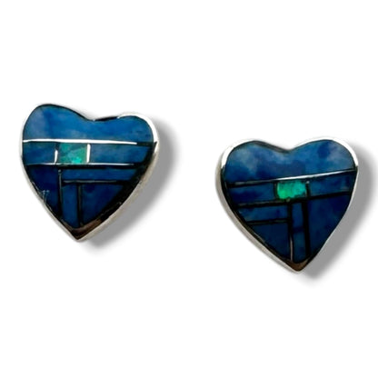Handcrafted Sterling Small Silver Inlay Multi - Stone Heart Post Stud Earrings - SunWest Treasures