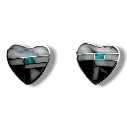 Handcrafted Sterling Small Silver Inlay Multi - Stone Heart Post Stud Earrings - SunWest Treasures