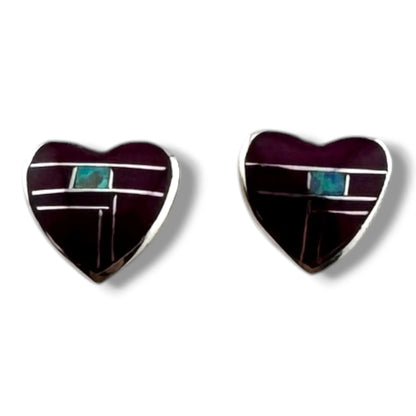 Handcrafted Sterling Small Silver Inlay Multi - Stone Heart Post Stud Earrings - SunWest Treasures