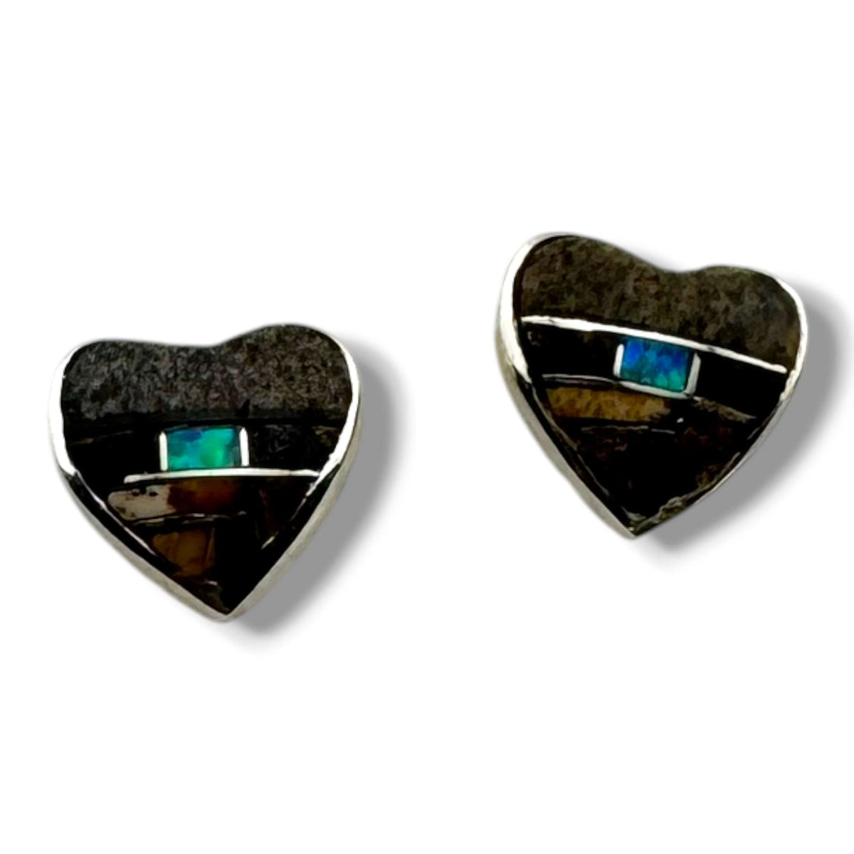 Handcrafted Sterling Small Silver Inlay Multi - Stone Heart Post Stud Earrings - SunWest Treasures