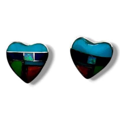 Sterling Silver Inlay Multi - Stone Heart Post Stud Earrings | Southwest Jewelry - SunWest Treasures