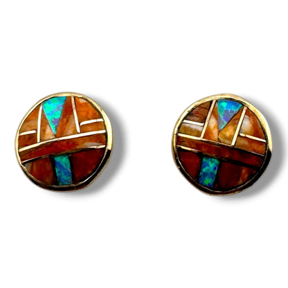 Bronze Sunface Inlay Stone with Opal Post Stud Earrings - SunWest Treasures