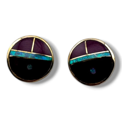 Bronze Sunface Inlay Stone with Opal Post Stud Earrings - SunWest Treasures
