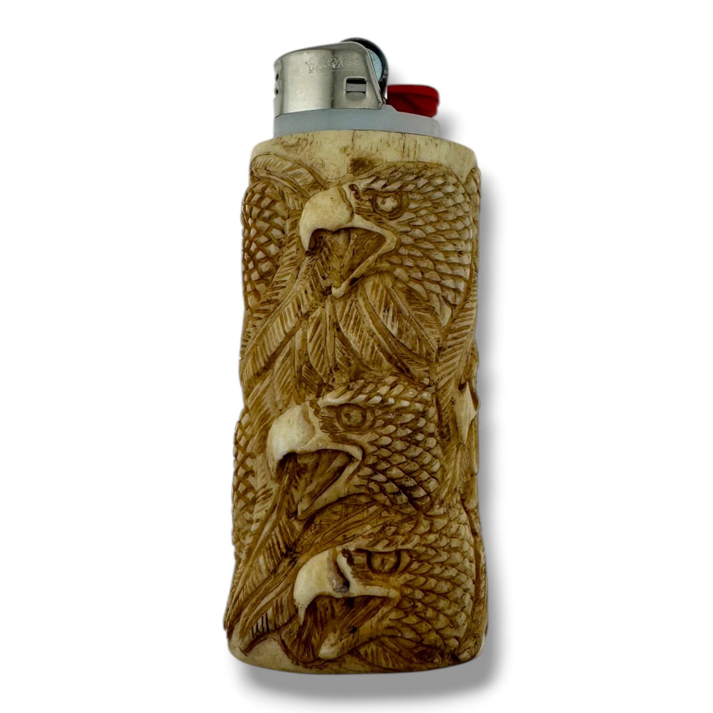 Hand Carved Eagle Heads Totem Lighter Case | Fits Large Bic - SunWest Treasures