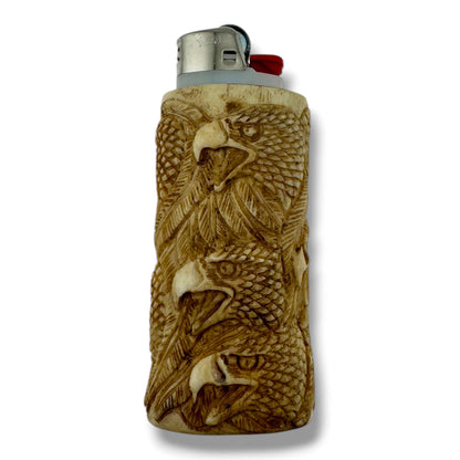 Hand Carved Eagle Heads Totem Lighter Case | Fits Large Bic - SunWest Treasures